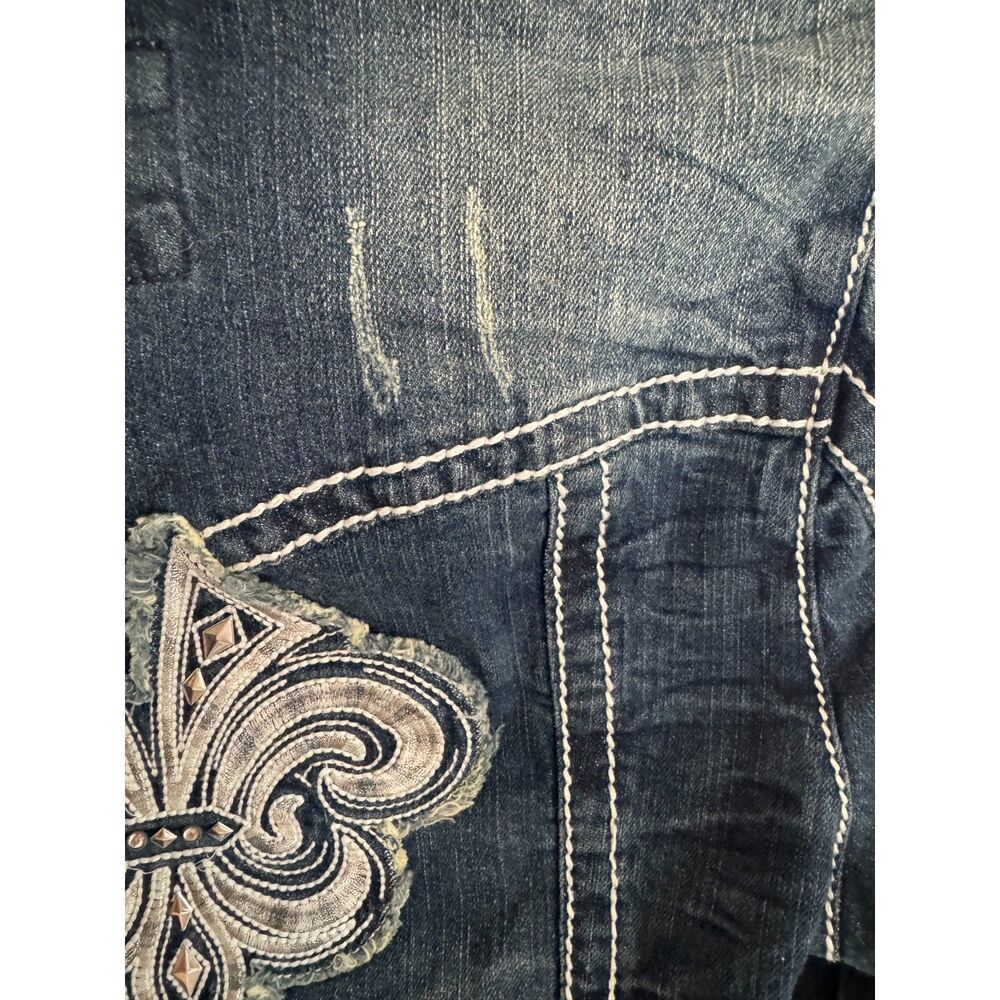 Vanity Denim Jacket Womens M Fleur-de-Lis Western Contrast Stitch Rhinestone NWT - Picture 9 of 11
